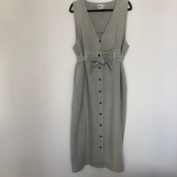 Kiko Laurel-Green Linen Jumper w/Tie+Button-Front - Picture 2 of 9